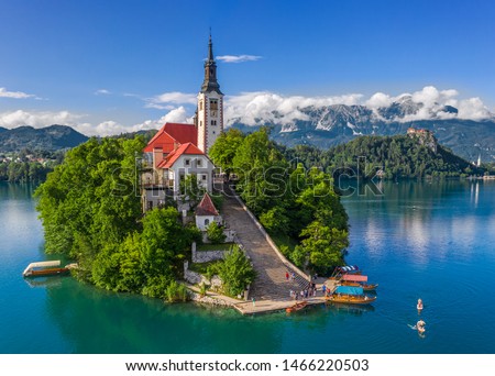 Similar – Image, Stock Photo Lake Bled and island with church and castle on the rock in the background in summer, Slovenia, Europe