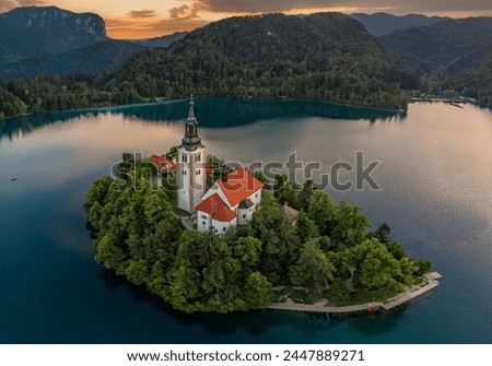 Similar – Image, Stock Photo Aerial view of Bled island on lake Bled, and Bled castle and mountains in background, Slovenia.