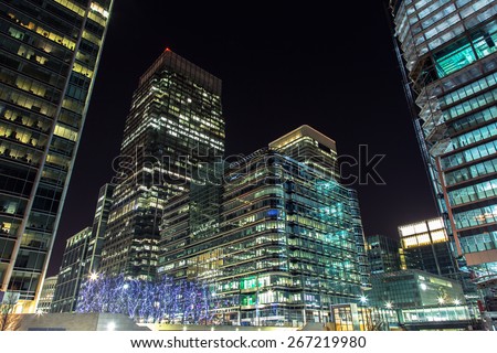 Skyscrapers of Canary Wharf by night, London, UK