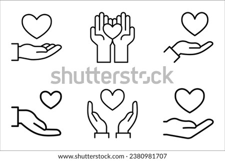 Heart in hand icons set. Hands holding heart icon. Love icon. Health, medicine symbol on white background