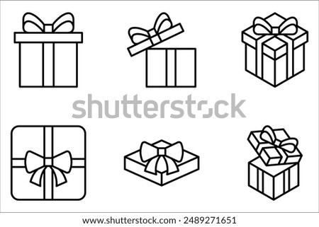 Gift boxes with ribbon icons Set. Gift box flat line silhouette on white background