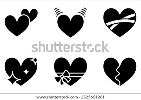 Heart Emojis set. Sparkling, growing, two Hearts, beating, revolving, broken, on white background