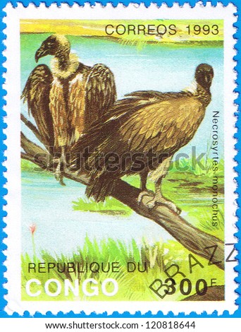 THE REPUBLIC OF CONGO - CIRCA 1993: A stamp printed in the Republic of Congo shows Hooded Vulture or Necrosyrtes monachus, series devoted to the birds, circa 1993