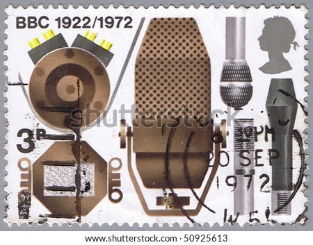 GREAT BRITAIN - CIRCA 1972: A stamp printed in Great Britain shows the different microphones, a series devoted to the 50 th anniversary BBC, circa 1972