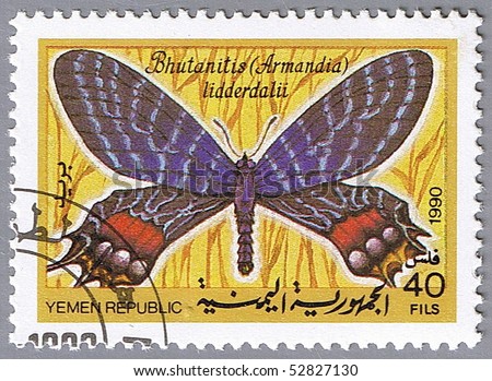 YEMEN REPUBLIC - CIRCA 1990: A stamp printed in Yemen Republic shows Bhutanitis lidderdalii, series devoted to butterflies, circa 1990