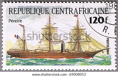 CENTRAL AFRICAN REPUBLIC - CIRCA 1984: A stamp printed in Central African Republic shows Three-master Pereire, series is devoted to sailing vessels, circa 1984
