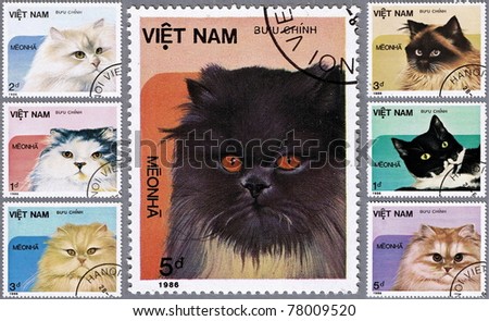 VIETNAM - CIRCA 1986: A stamps printed in Vietnam shows house cats, series, circa 1986