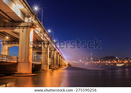 SEOUL, Banpo bridge and water-work at night in South Korea.