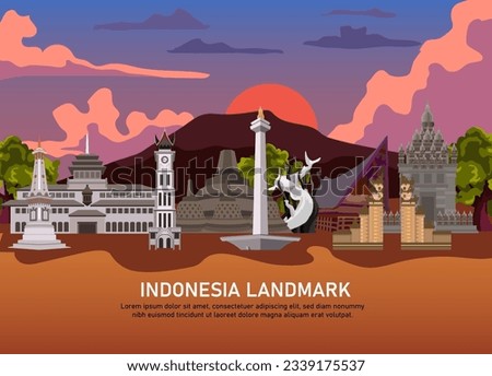 Beautifull indonesia landmark with mountain view flat vector illustration