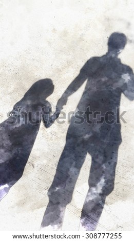 Shadow of father and daughter Walking hand in hand on the concrete floor. with watercolor techniques.