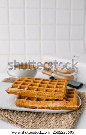 Similar – Image, Stock Photo Waffles served with fresh berries and sugar powder