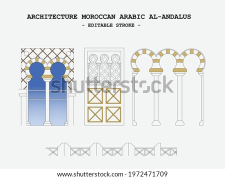 Architecture MOROCCAN ARABIC Al-Andalus, door windows, balcony Andalucia, Spain, editable stroke  
