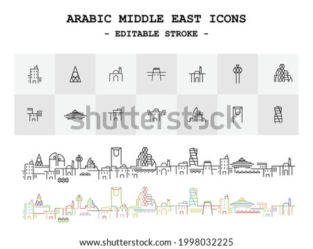 Saudi Arabia middle east Urban and buildings icons set, editable stroke 