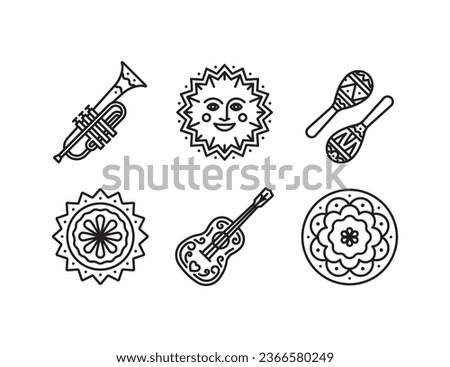 Mexican music instruments - guitar, trumpet, maracas. Traditional decorative elements - sun star, flower. Line icon set. Linear illustrations. Modern icon, editable stroke