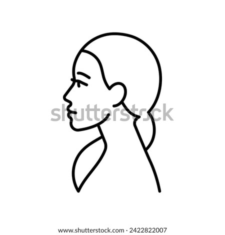 Woman head, line icon. Female portrait, side view, profile - head, hair, eyes, nose, lips, neck, shoulder. Linear illustration of young pretty woman. Editable stroke, thin line, realistic shape