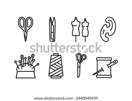 Tailoring, icon set - scissors, dummy, ruler, pin cushion, threads, needle. Sewing tools and accessories. Sewing, atelier, sew workshop, seamstress work. Linear illustrations, editable strokes 