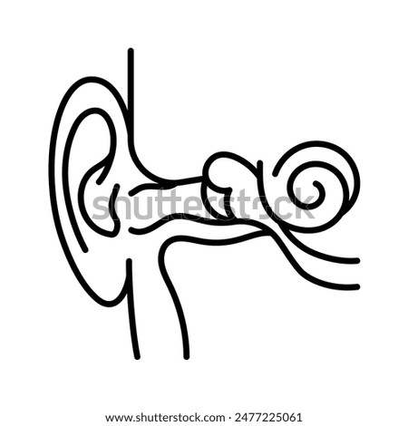 The hearing, line icon. The human ear structure - pinna, canal, eardrum, middle and inner ear, cochlea, Eustachian tube.  The Concept of hearing impairment, hearing treatment. Linear illustration, edi