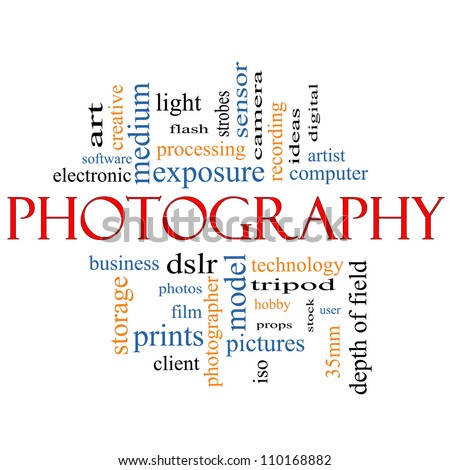 Photography Word Cloud Concept with great terms such as dslr, film, photographer, model, iso,  strobes, flash and more