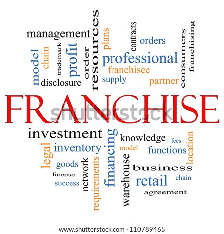 Franchise Word Cloud Concept with great terms such as agreement, model, network, professional, partner, chain, management and more