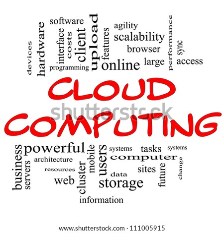 Cloud Computing Word Cloud Concept in red and black letters with great terms such as client, data, information, storage, sync, access, servers and more