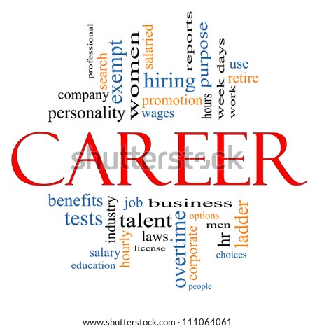 Career Word Cloud Concept with great terms such as wages, promotion, work, retire, salaried, hr, ladder, corporate and more.