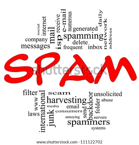 Spam Word Cloud Concept in Red and Black letters with great terms such as email, server, messages, junk, servers, inbox, delete, spamming and more.