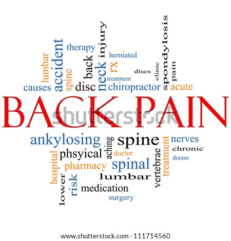 Back Pain Word Cloud Concept with great terms such as injury, lumbar, spine, treatment, discs and more.