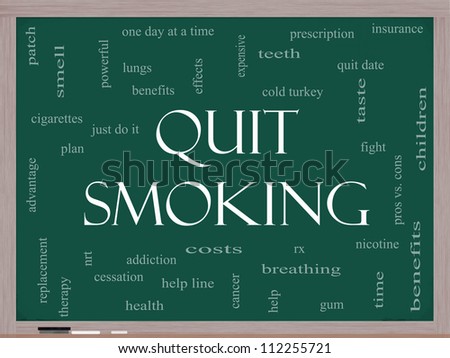 Quit Smoking Word Cloud Concept on a Blackboard with great terms such as nicotine, cold turkey, quit date, patch and more.