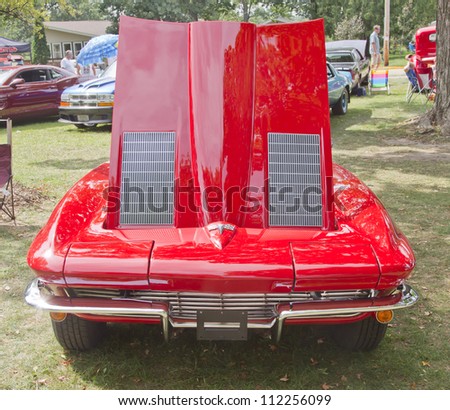 WAUPACA, WI - AUGUST 25:  Front of 1963 Chevy red Corvette car at the 10th Annual Waupaca Rod & Classic Car Club Car Show on August 25, 2012 in Waupaca, Wisconsin.