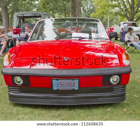 WAUPACA, WI - AUGUST 25: Front of 1974 Porsche 914 sports car at the 10th Annual Waupaca Rod & Classic Car Club Car Show on August 25, 2012 in Waupaca, Wisconsin.