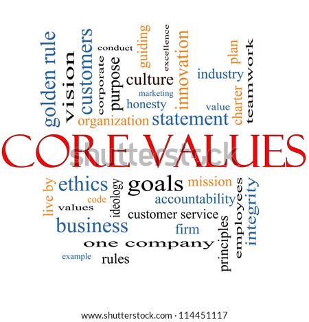 Core Values Word Cloud Concept with great terms such as mission, statement, ethics, vision, code and more.