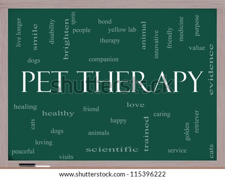 Pet Therapy Word Cloud Concept on a Blackboard with great terms such as dog, cat, companion, people, loving and more.