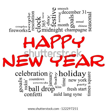 Happy New Year Word Cloud Concept in red and black with great terms such as celebration, holiday, countdown, kiss and more.
