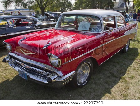 MARION, WI - SEPTEMBER 16: 1957 Red Chevy Bel Air car at the 3rd Annual Not Just Another Car Show on September 16, 2012 in Marion, Wisconsin.