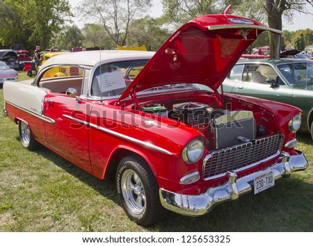 MARION, WI - SEPTEMBER 16: Red and white Chevy Bel Air car at the 3rd Annual Not Just Another Car Show on September 16, 2012 in Marion, Wisconsin.