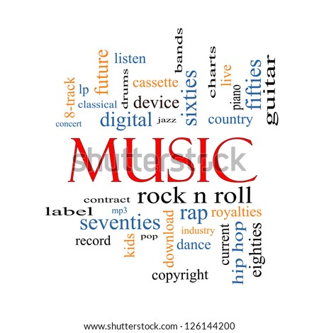 Music Word Cloud Concept with great terms such as rock n roll, rap, pop, download, lp and more.