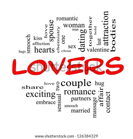 Lovers Word Cloud Concept in Red Caps with great terms such as smooch, sensual, chemistry, sex, lust and more.