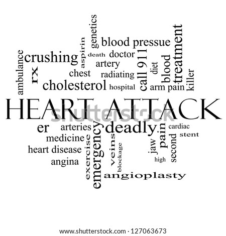Heart Attack Word Cloud Concept in black and white with great terms such as heart disease, rx, artery, doctor and more.