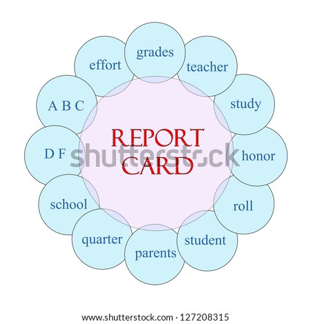 Report Card concept circular diagram in pink and blue with great terms such as grades, teacher, effort, honor and more.