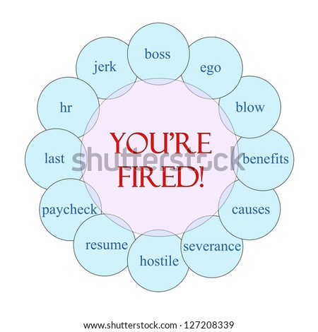 You\'re Fired concept circular diagram in pink and blue with great terms such as jerk, boss, hr, severance and more.