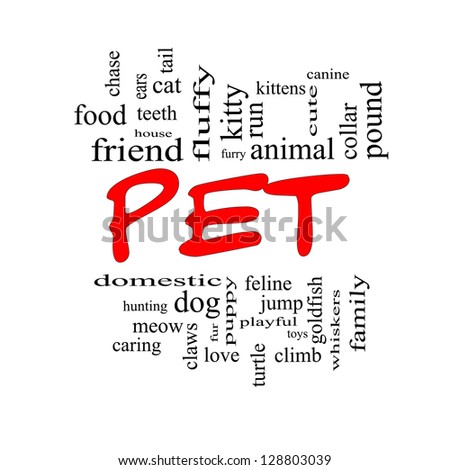 Pet Word Cloud Concept in red caps with great terms such as cat, turtle, dog, goldfish and more.