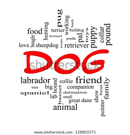 Dog Word Cloud Concept in red caps with great terms such as love, friend, best, hound and more.