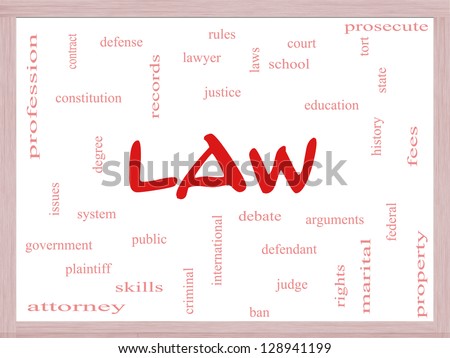Law Word Cloud Concept on a Dry Erase Board with great terms such as defense, attorney, school, court and more.