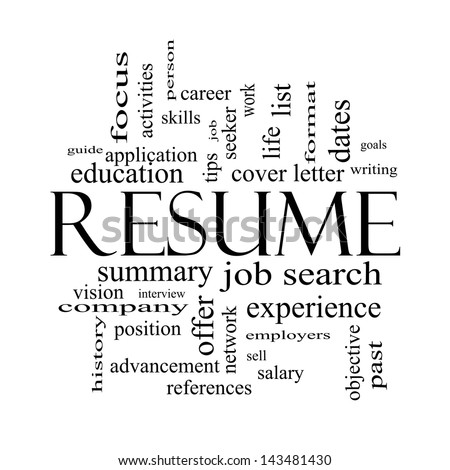 Resume Word Cloud Concept in black and white with great terms such as career, job search, interview and more.