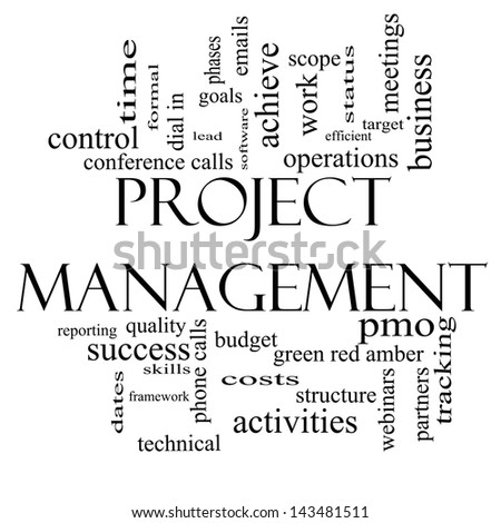 Project Management Word Cloud Concept in black and white with great terms such as pmo, lead, goals, business, meetings and more.