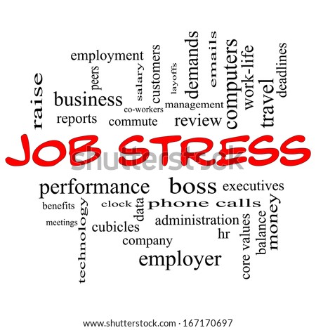 Job Stress Word Cloud Concept in Red Caps with great terms such as boss, commute, meetings, cubicles and more.