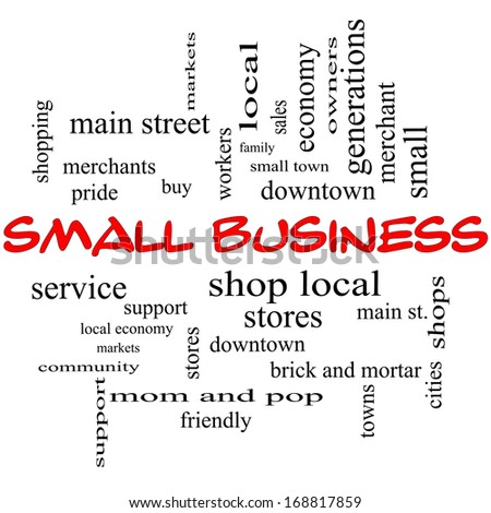 Small Business Word Cloud Concept in red caps with great terms such as shop, local, community, support, stores and more.