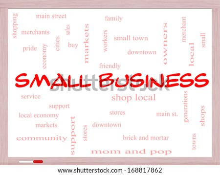 Small Business Word Cloud Concept on a Whiteboard with great terms such as shop, local, community, support, stores and more.