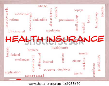 Health Insurance Word Cloud Concept on a Whiteboard with great terms such as healthcare, reform, enroll, claims and more.