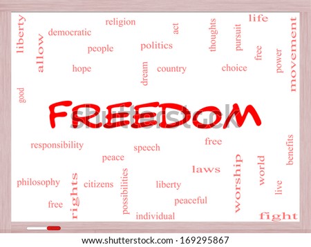 Freedom Word Cloud Concept on a Whiteboard with great terms such as free, life, hope, peaceful and more.